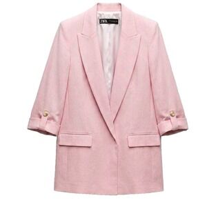 ZARA Women's Pink Open Front Blazer Roll-Up Sleeves Linen Blend Size S Casual